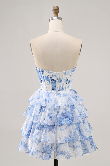 White Blue Flower Strapless Tiered Corset Homecoming Dress